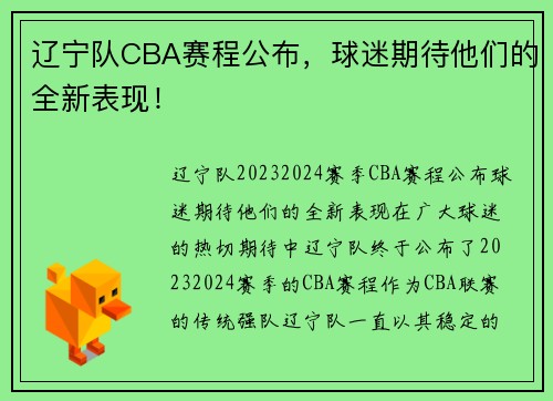 辽宁队CBA赛程公布，球迷期待他们的全新表现！